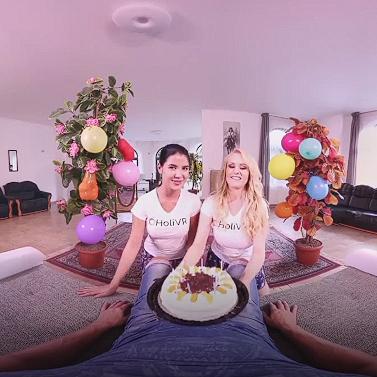 Birthday threesome with two perfect babes VR Porn Video